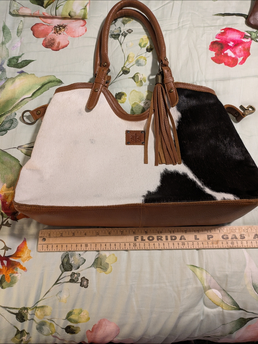 S+S Ranchwear Leather Trim Cowhide Satchel Tote in Brown and White